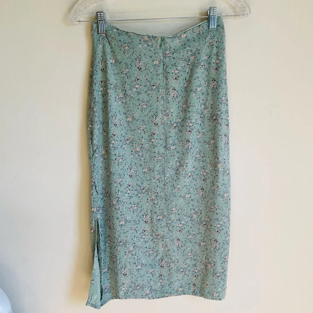 Brandy Melville Green Floral Midi Side Slit Skirt OS